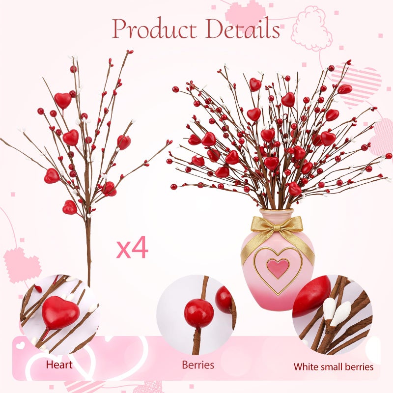 Wootkey 4Pcs Artificial Valentine's Day Decorations Red Heart Berry Stems Heart Shaped Berry Gifts Flowers for Mother's Day Decor Wedding Anniversary Party Supplies - Image 3