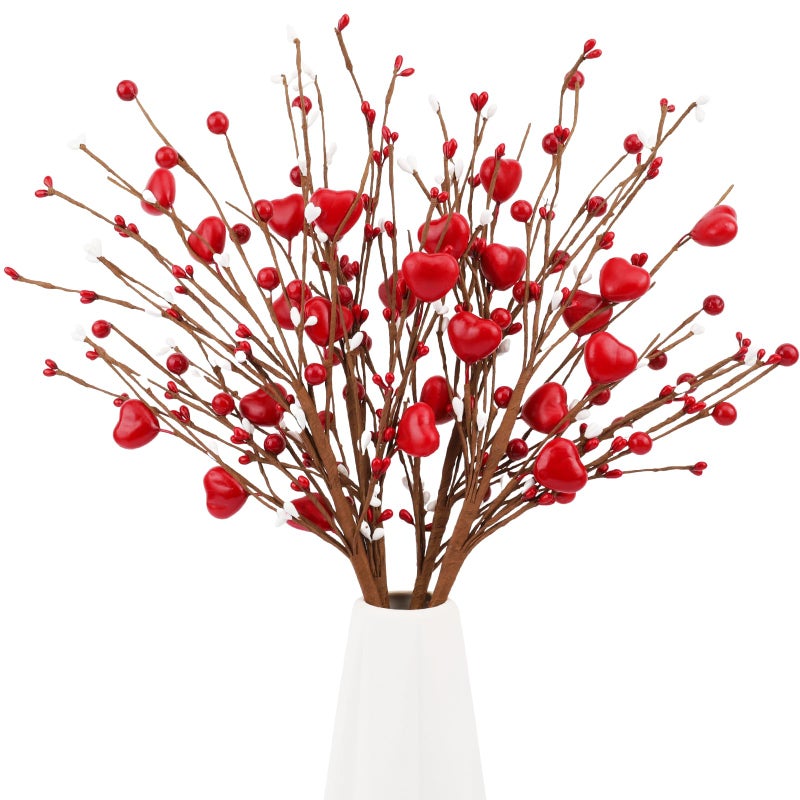 Wootkey 4Pcs Artificial Valentine's Day Decorations Red Heart Berry Stems Heart Shaped Berry Gifts Flowers for Mother's Day Decor Wedding Anniversary Party Supplies - Image 1