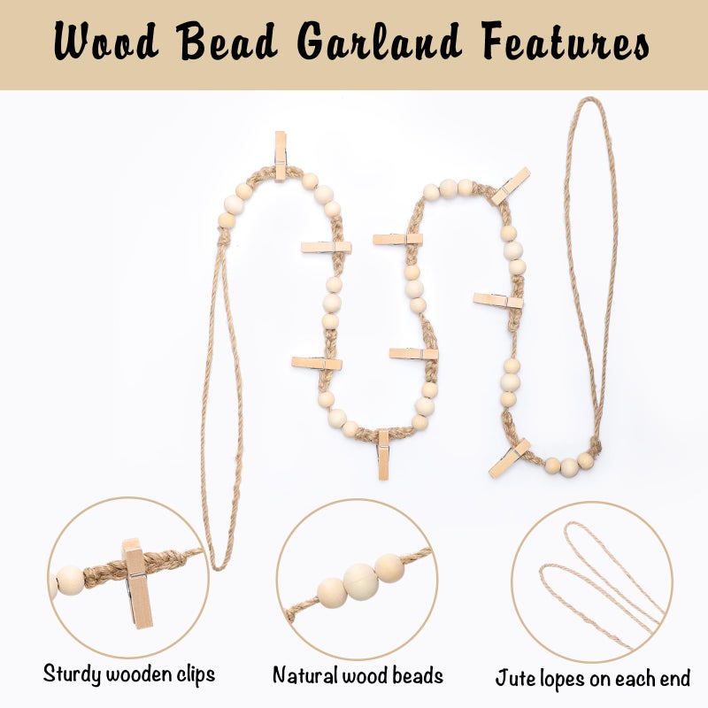 WSICSE Hanging Photo Display Wall Decor, 3Pcs Boho Wooden Bead Garland Picture Banner Collage Picture Card Frame Holder with 30Clips, 24 Wooden Pegs for Bedroom, Living Room Teen Girl Gifts - Image 4