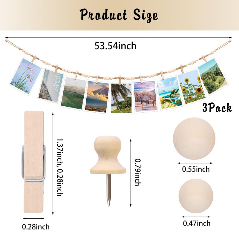 WSICSE Hanging Photo Display Wall Decor, 3Pcs Boho Wooden Bead Garland Picture Banner Collage Picture Card Frame Holder with 30Clips, 24 Wooden Pegs for Bedroom, Living Room Teen Girl Gifts - Image 2