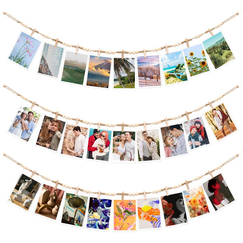 WSICSE Hanging Photo Display Wall Decor, 3Pcs Boho Wooden Bead Garland Picture Banner Collage Picture Card Frame Holder with 30Clips, 24 Wooden Pegs for Bedroom, Living Room Teen Girl Gifts - Image 1