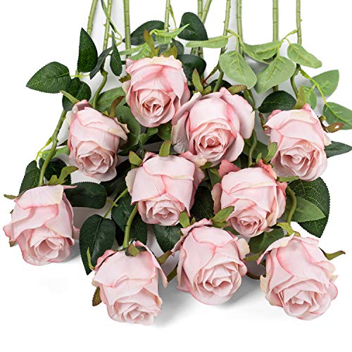 Flojery 10pcs Artificial Rose Flowers Long Stem Fake Silk Roses for DIY Wedding Bouquet Table Centerpiece Home Decor Light Pink