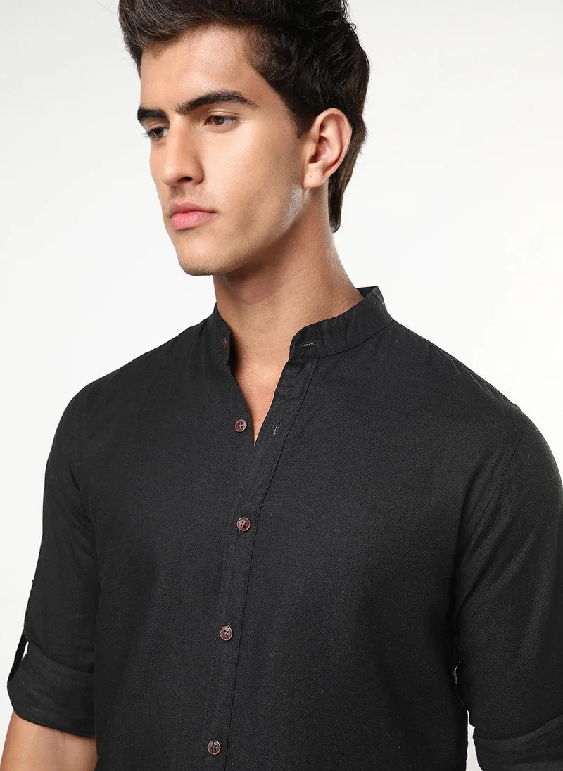 Urbano Fashion  Urbano Fashion Men's Black Linen Blend Full Sleeve Relaxed Fit Mandarin Collar Casual Solid Shirt for Men | Best Price UAE
