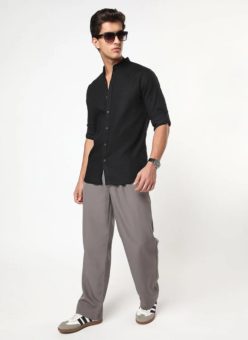 Urbano Fashion  Urbano Fashion Men's Black Linen Blend Full Sleeve Relaxed Fit Mandarin Collar Casual Solid Shirt for Men | Best Price UAE