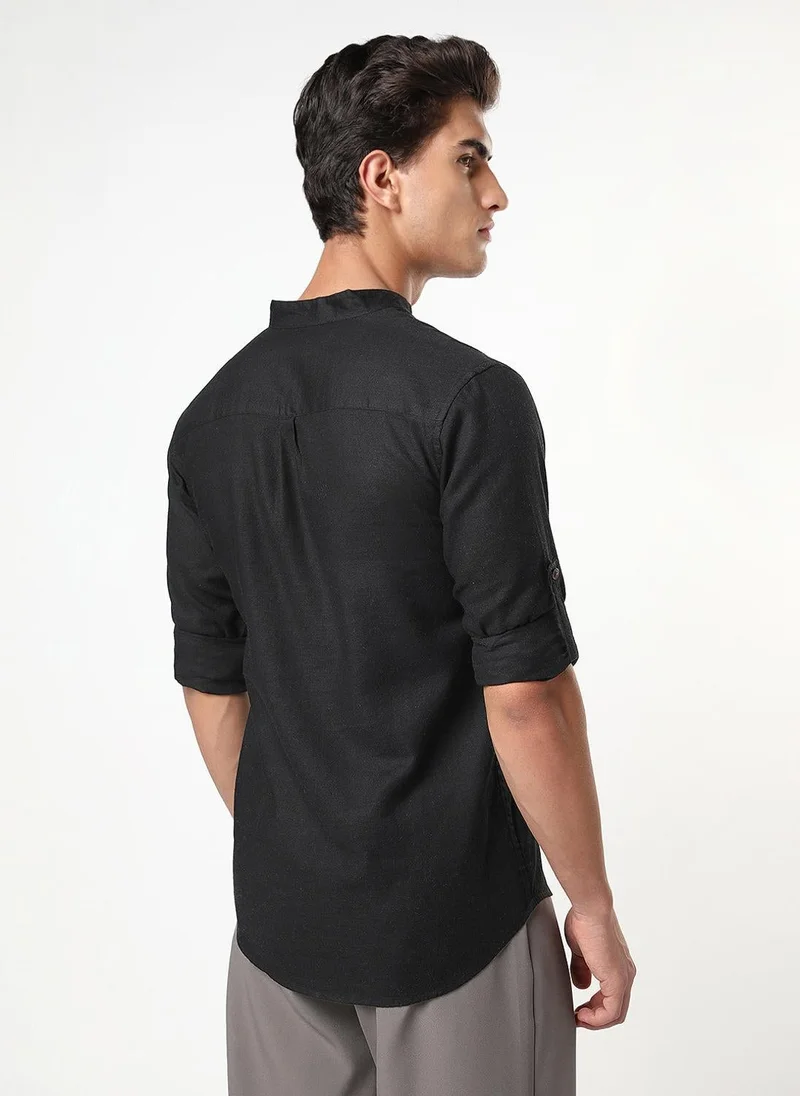 Urbano Fashion  Urbano Fashion Men's Black Linen Blend Full Sleeve Relaxed Fit Mandarin Collar Casual Solid Shirt for Men | Best Price UAE
