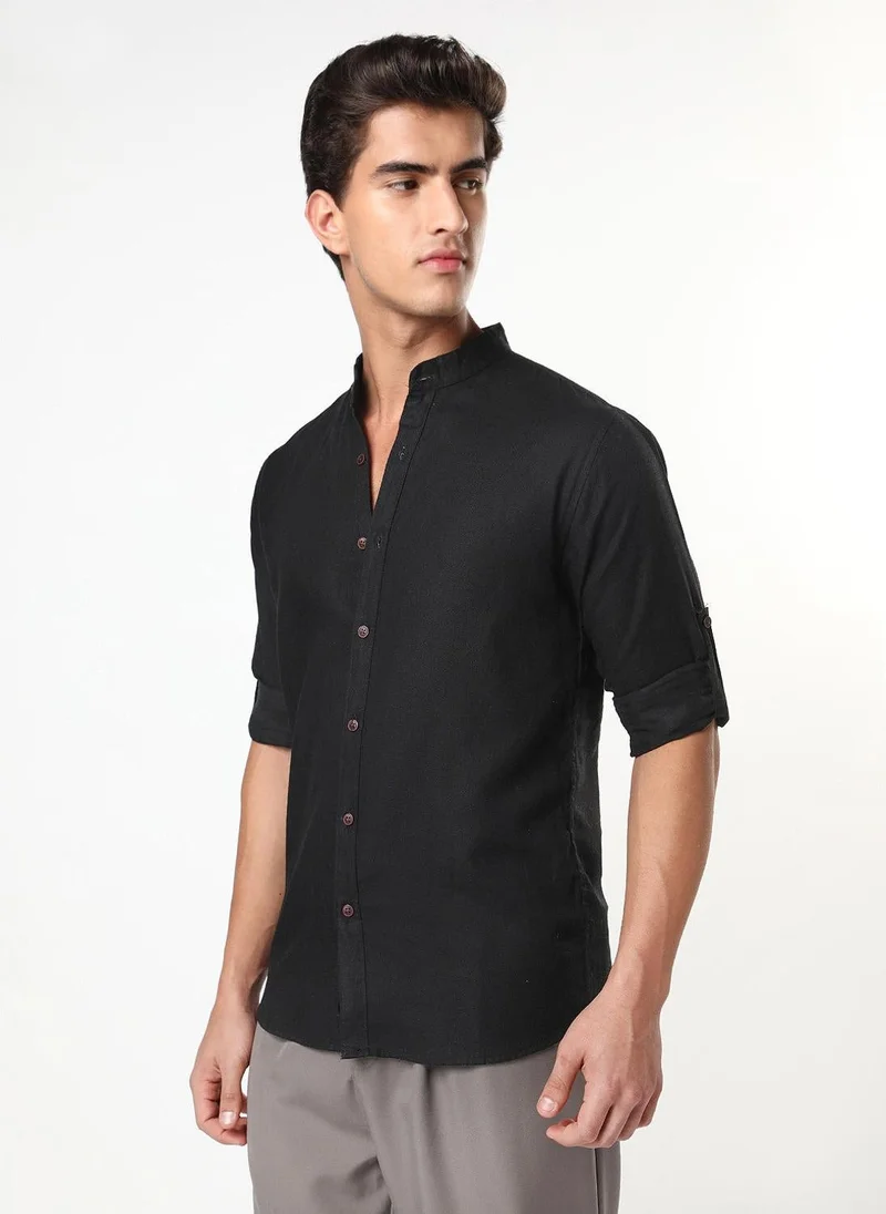 Urbano Fashion Men's Black Linen Blend Full Sleeve Relaxed Fit Mandarin Collar Casual Solid Shirt