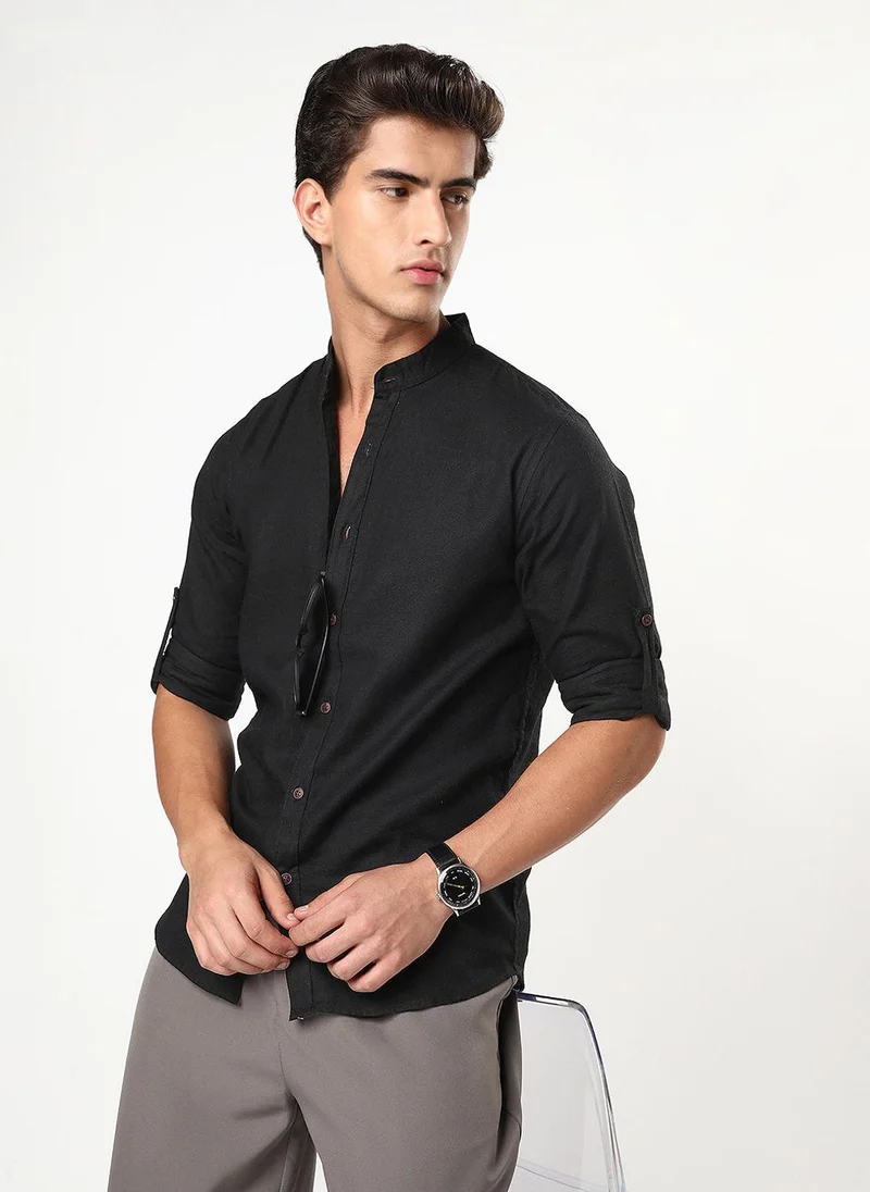 Urbano Fashion  Urbano Fashion Men's Black Linen Blend Full Sleeve Relaxed Fit Mandarin Collar Casual Solid Shirt for Men | Best Price UAE
