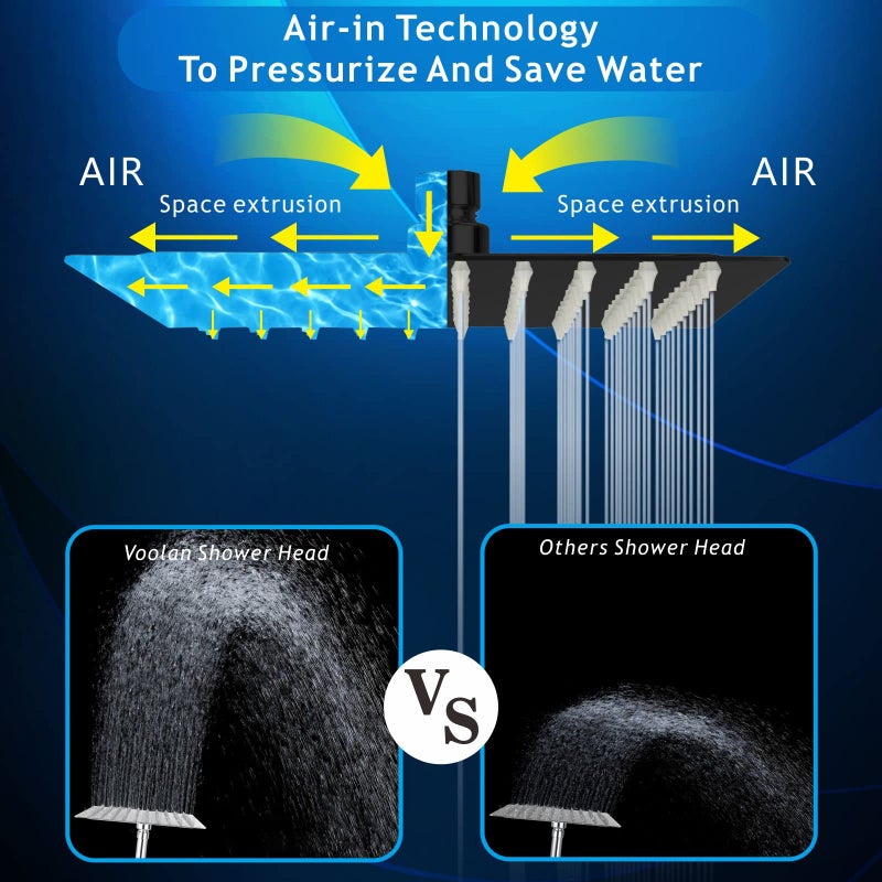 Voolan Rain Shower Head - High Flow Large Rainfall Shower Heads Made of Stainless Steel - Waterfall Bathroom Square Showerhead - Ceiling or Wall Mount (12" Black) - Image 4