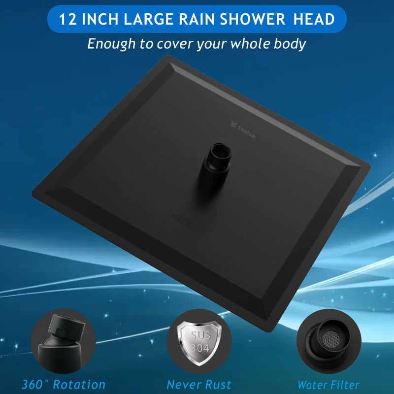 Voolan Rain Shower Head - High Flow Large Rainfall Shower Heads Made of Stainless Steel - Waterfall Bathroom Square Showerhead - Ceiling or Wall Mount (12" Black) - Image 2