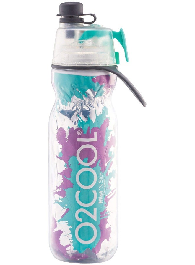 O2COOL Mist N Sip Misting Water Bottle 2in1 Mist And Sip Function With No Leak Pull Top Spout Reusable Sports Water Bottle  20 oz Teal Purple Splash - Image 2