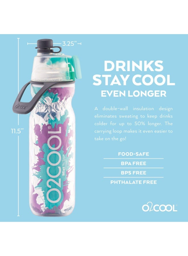 O2COOL Mist N Sip Misting Water Bottle 2in1 Mist And Sip Function With No Leak Pull Top Spout Reusable Sports Water Bottle  20 oz Teal Purple Splash - Image 5