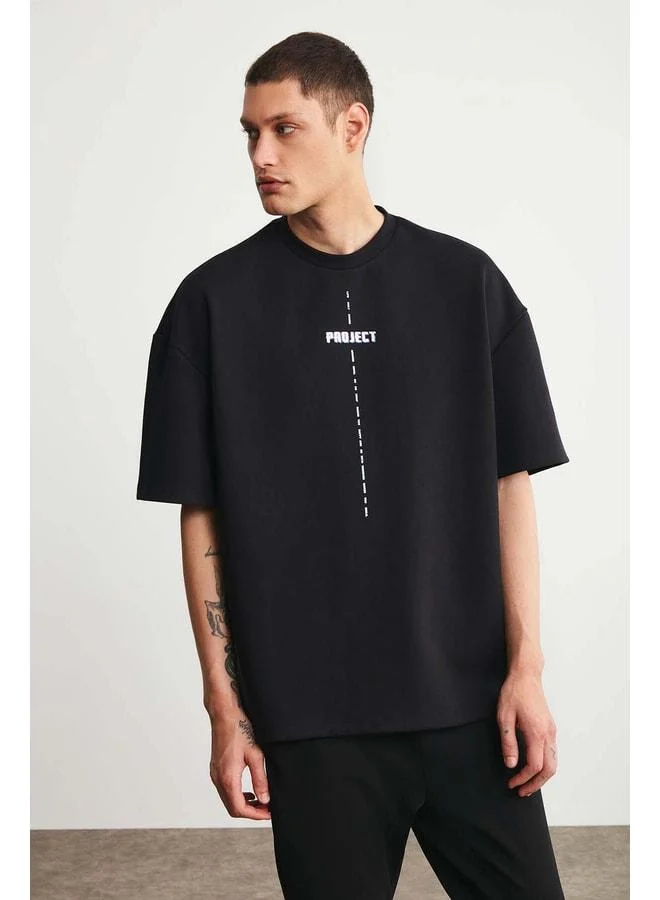 GRIMELANGE Project Men's Detailed Oversize Fit 100% Organic Cotton Knit Polo Neck Black T‑shirt.