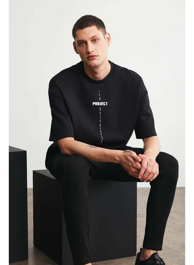 GRIMELANGE Project Men's Detailed Oversize Fit 100% Organic Cotton Knit Polo Neck Black T‑shirt.