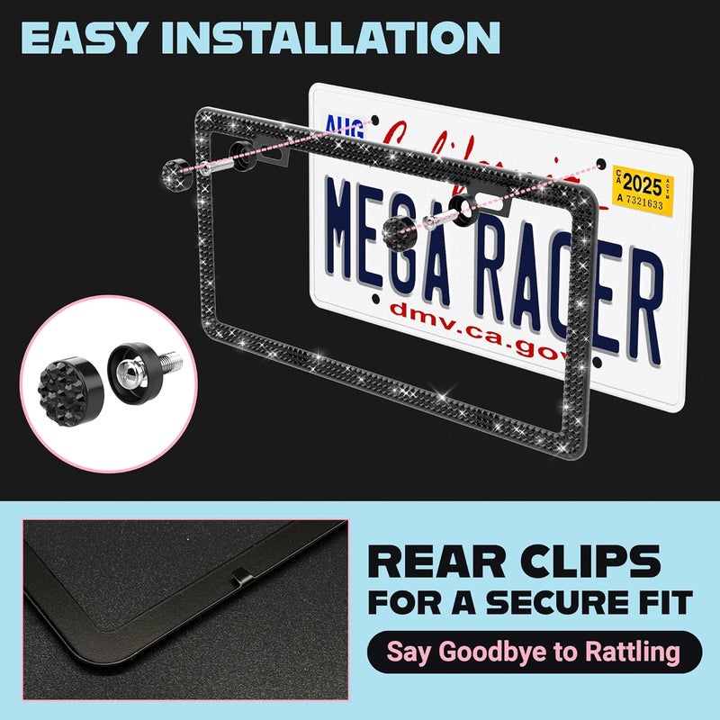 Mega Racer إطار لوحة ترخيص ميغا ريسر الأسود المتلألئ مع بلينغ 2 عبوة مع الكريستالات - Image 5