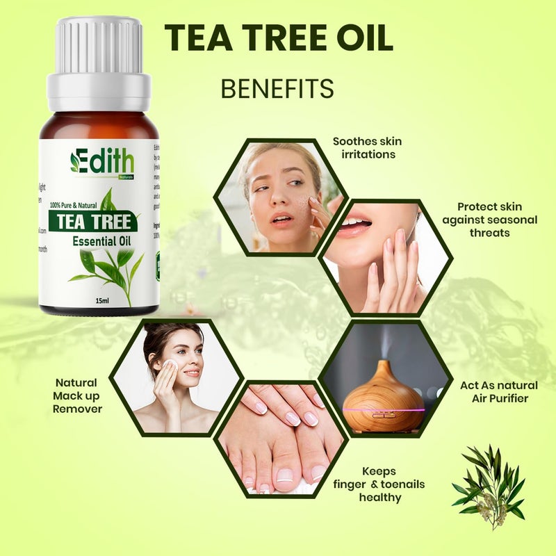 EDITH Edith Naturals Tea Tree Essential Oils for Skin Hair Face Acne CareDandruff 100 Pure Natural and Undiluted Therapeutic Grade Essential Oil Tea Tree 15ML  - Image 2