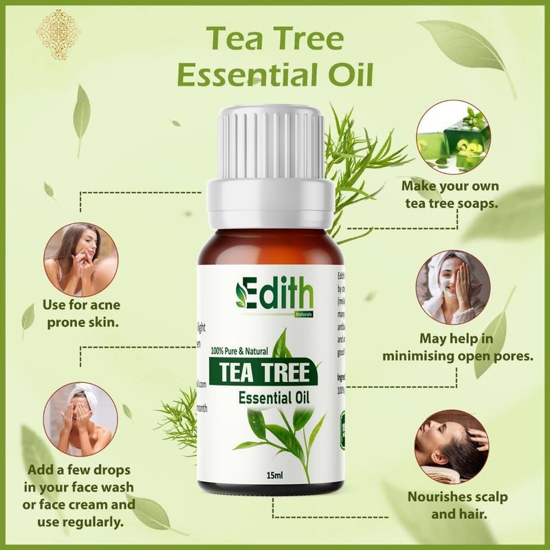 EDITH Edith Naturals Tea Tree Essential Oils for Skin Hair Face Acne CareDandruff 100 Pure Natural and Undiluted Therapeutic Grade Essential Oil Tea Tree 15ML  - Image 5