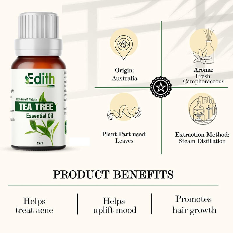 EDITH Edith Naturals Tea Tree Essential Oils for Skin Hair Face Acne CareDandruff 100 Pure Natural and Undiluted Therapeutic Grade Essential Oil Tea Tree 15ML  - Image 4
