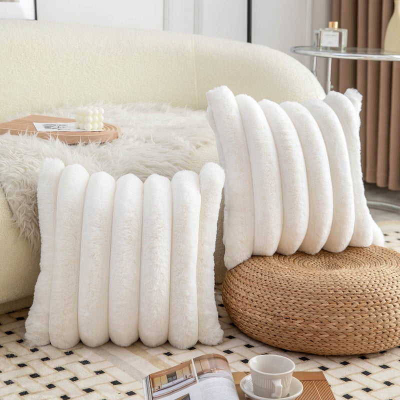 Neelvin Cream White Faux Fur Cozy Soft Striped Decorative Throw Pillow Covers 12x20 inch Set of 2 Velvet Pillowcase Cushion Case for Sofa Couch - Image 3