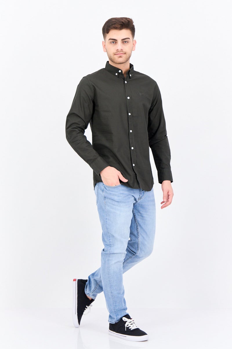 Algspar Men Regular Fit Solid Long Sleeves Casual Shirt, Army Green - Image 4