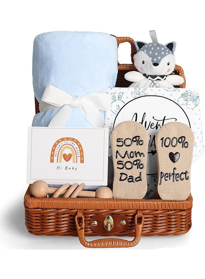 Arabest Baby Shower Gifts, New Born Baby Gifts for Boys, Unique Baby Gifts Basket Essential Stuff - Baby Lovey Blanket Newborn Bibs Socks Wooden Rattle & Greeting Card, Newborn Baby Gift Set - Image 1