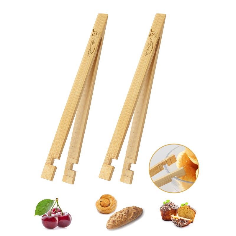 MONGSEW 2PCS Wooden Bamboo Toaster Tongs, MONGSEW 8 inch Multipurpose Wood Tongs for Toaster, Fruits, Bread, Pickles, cheese, Bacon, and Muffins (Unique Pattern) - Image 1