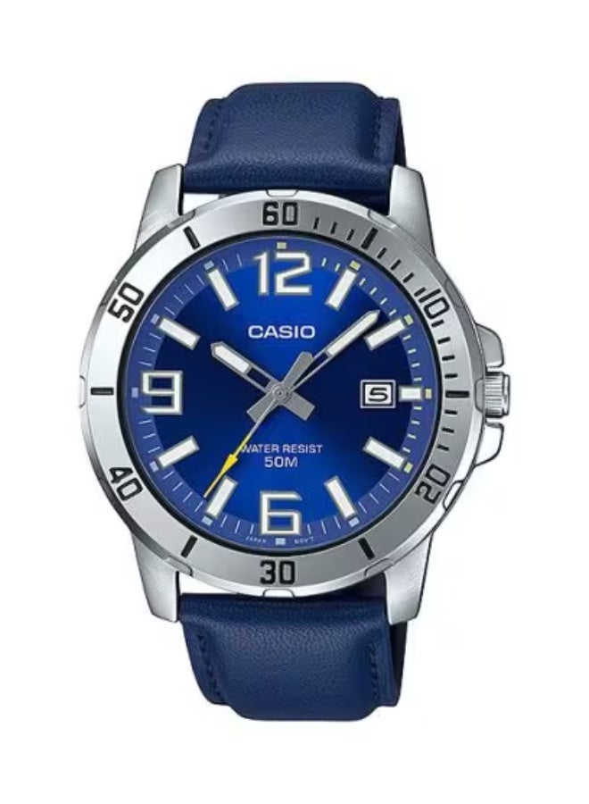 ساعة كاسيو MTP-VD01L-2BUDF للرجال، كوارتز تناظرية | ميناء أزرق مع حزام جلدي أسود | عرض التاريخ | مقاومة للماء | ساعة يد كلاسيكية عملية للرجال