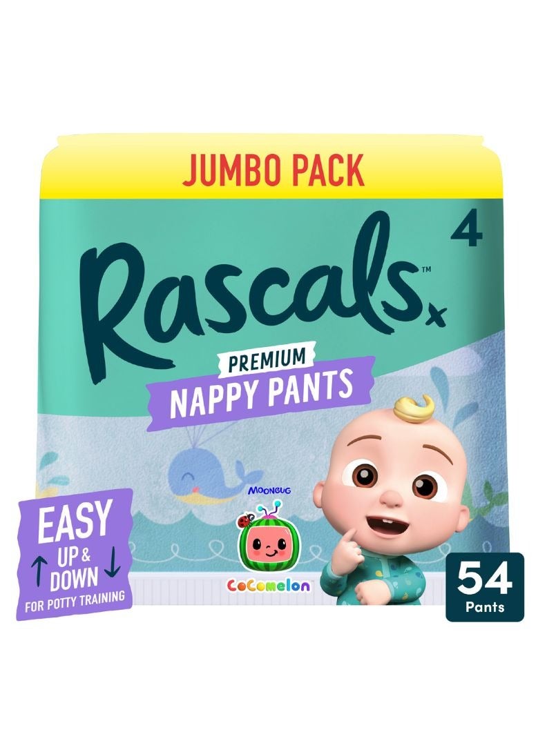 Rascals Training Diaper Pants Cocomelon Edition - Easy Pull Up Design Diaper Pants - Soft & Comfortable Baby Diaper Pants Size 4 - Ultra Flex 360 Waistband 10-15 kg - Jumbo Box (54 Count) - Image 1