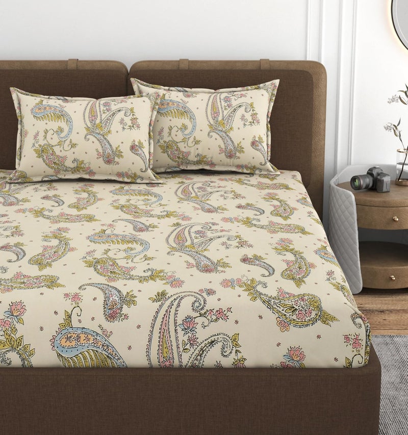 VOMZER XXL Microfiber Soft Cotton King Size Printed Bedsheet For Double Bed, King Size 108 X108 In, 9 Feet, 275X275 Cm | 2 Large Size Pillow Covers Without Joint - Mor Pankh, 280 Tc - 350 Tc, Cream - Image 1
