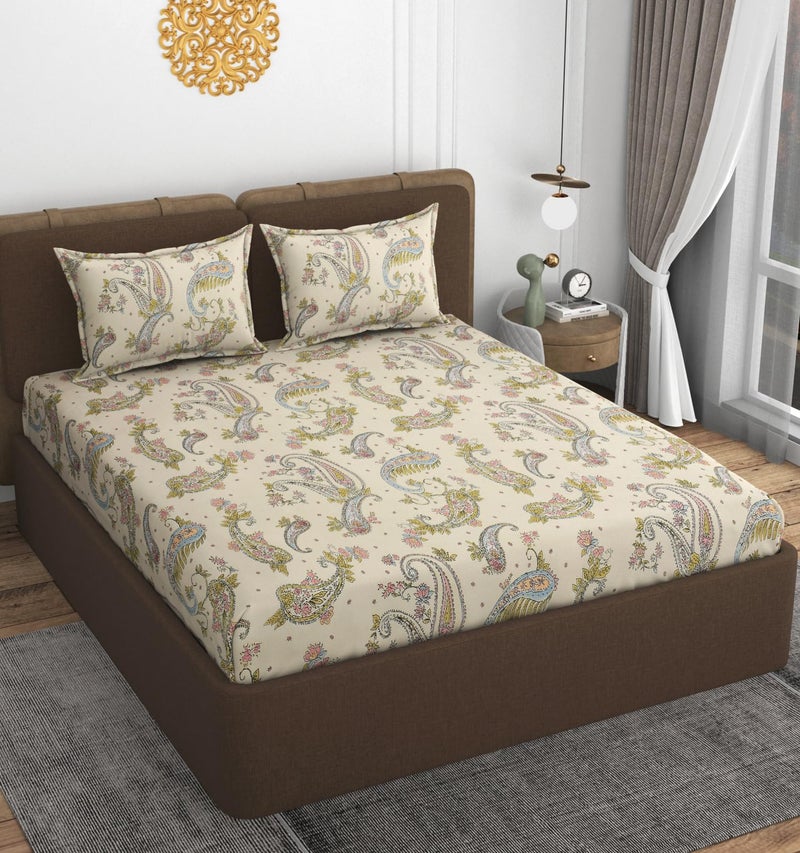 VOMZER XXL Microfiber Soft Cotton King Size Printed Bedsheet For Double Bed, King Size 108 X108 In, 9 Feet, 275X275 Cm | 2 Large Size Pillow Covers Without Joint - Mor Pankh, 280 Tc - 350 Tc, Cream - Image 2