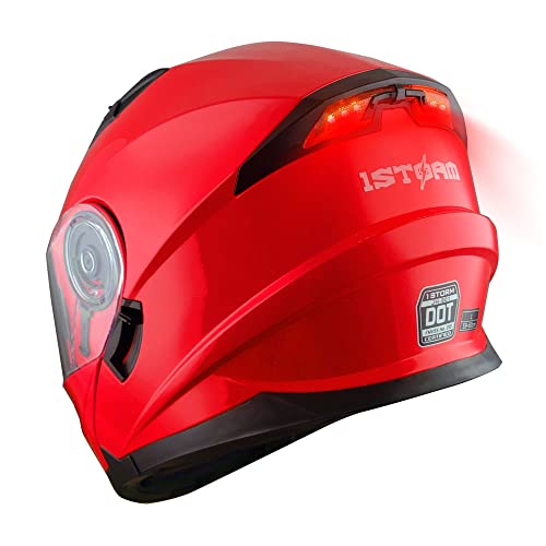 1Storm New Motorcycle Bike Modular Full Face Helmet Dual Visor Sun Shield with Rechargeable LED Tail Light: Glossy Red - Image 1