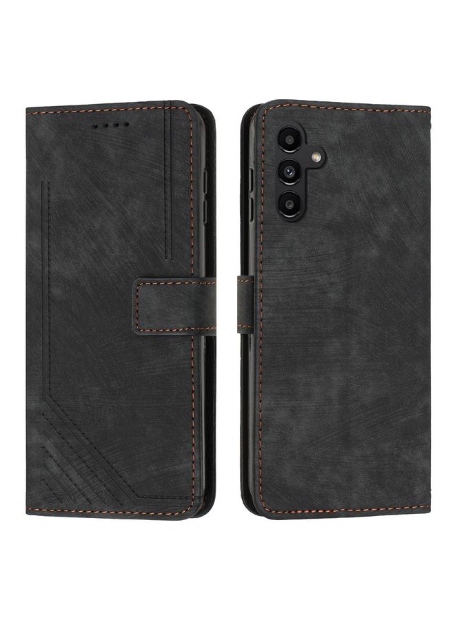 Green Tiger For Samsung Galaxy A55 Skin Feel Stripe Pattern Leather Phone Case with Long Lanyard(Black)