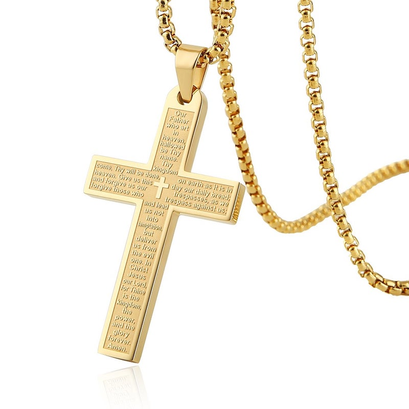 HZMAN Stainless Steel Mens Womens Cross Necklace Lord's Prayer Pendant, 4 Colors Available (Gold) - Image 1