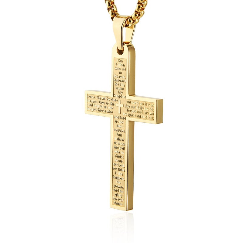 HZMAN Stainless Steel Mens Womens Cross Necklace Lord's Prayer Pendant, 4 Colors Available (Gold) - Image 2
