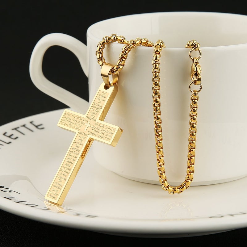 HZMAN Stainless Steel Mens Womens Cross Necklace Lord's Prayer Pendant, 4 Colors Available (Gold) - Image 5