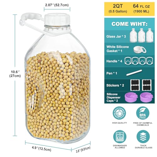 Ritayedet 3 Pack 64 Oz Heavy Duty Glass Milk Bottle with 2 Silicone Spouts, 4 Handles and 4 Reusable Airtight SCREW LIDS, 2 Qt Glass Water Bottle with 2 Exact Scale Lines - Milk & Juice Jug Pitcher - Image 2