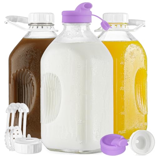 Ritayedet 3 Pack 64 Oz Heavy Duty Glass Milk Bottle with 2 Silicone Spouts, 4 Handles and 4 Reusable Airtight SCREW LIDS, 2 Qt Glass Water Bottle with 2 Exact Scale Lines - Milk & Juice Jug Pitcher - Image 1