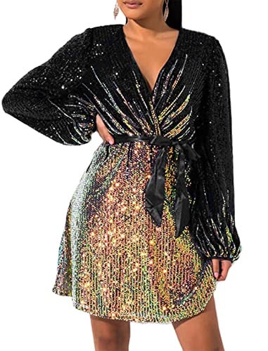 RED DOT BOUTIQUE 828 - Plus Size Long Sleeves Wrapped V Neck Sequins Skater Style Cocktail Evening Club Dress (Black Gold, XL) - Image 1