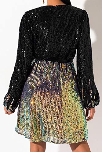 RED DOT BOUTIQUE 828 - Plus Size Long Sleeves Wrapped V Neck Sequins Skater Style Cocktail Evening Club Dress (Black Gold, XL) - Image 3