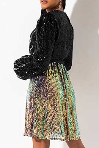 RED DOT BOUTIQUE 828 - Plus Size Long Sleeves Wrapped V Neck Sequins Skater Style Cocktail Evening Club Dress (Black Gold, XL) - Image 2