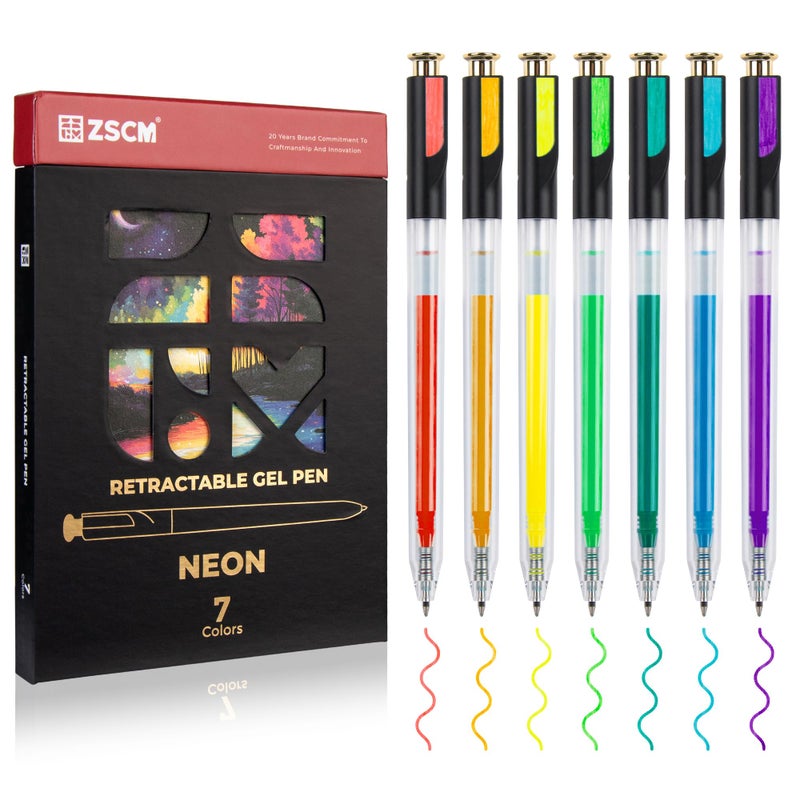 ZSCM Retractable Neon Gel Pens, 7 Colors Large Capacity Ultra Fluorescent Gel Ink Pens for Adult Coloring, 1.0 mm Fine Point Smooth Writing Color Pen for Highlighting Note Taking Aesthetic Art Supplies - Image 1