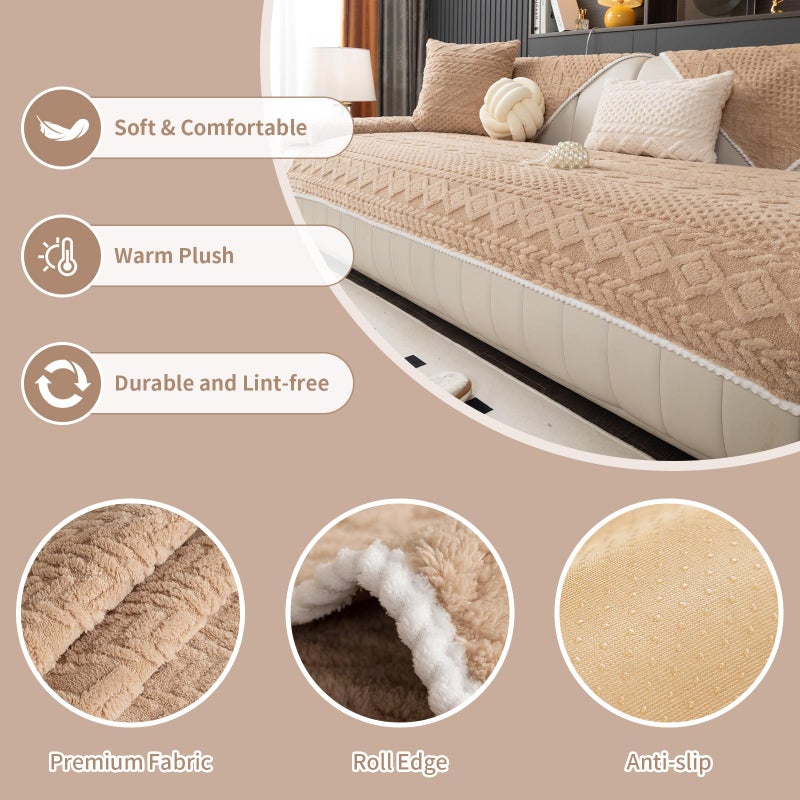 MDSASFD Geometric Jacquard Plush Warm Sofa Couch Cover, Soft Funny Fuzzy Couch Covers, Non Slip Sectional Sofa Slipcover, Cozy Washable Furniture Protector for Kids, Pets (Khaki, 36"x 36") - Image 2