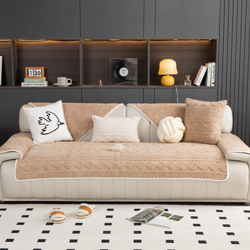 MDSASFD Geometric Jacquard Plush Warm Sofa Couch Cover, Soft Funny Fuzzy Couch Covers, Non Slip Sectional Sofa Slipcover, Cozy Washable Furniture Protector for Kids, Pets (Khaki, 36"x 36") - Image 5