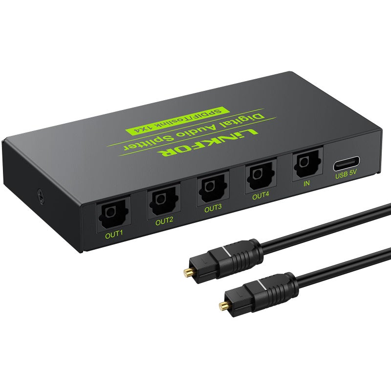 LiNKFOR Digital Optical Audio 1x4 Splitter Digital SPDIF Toslink Optical Fiber Audio Splitter 1 in 4 Out Aluminum Alloy with Optical Cable for PS3 Blue-Ray DVD HDTV - Image 1