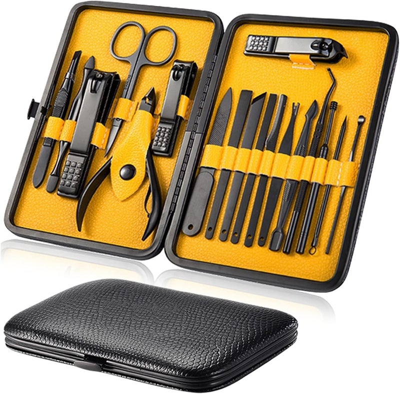 MUSVUZA Essentials 12in1 Manicure Set Stainless Steel Nail Clippers Grooming Kit with Acne Needle Blackhead Tool and Leather Travel Case Yellow Perfect for Facial Nail and Pedicure Care - Image 1
