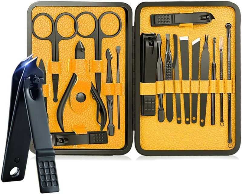 MUSVUZA Essentials 12in1 Manicure Set Stainless Steel Nail Clippers Grooming Kit with Acne Needle Blackhead Tool and Leather Travel Case Yellow Perfect for Facial Nail and Pedicure Care - Image 2