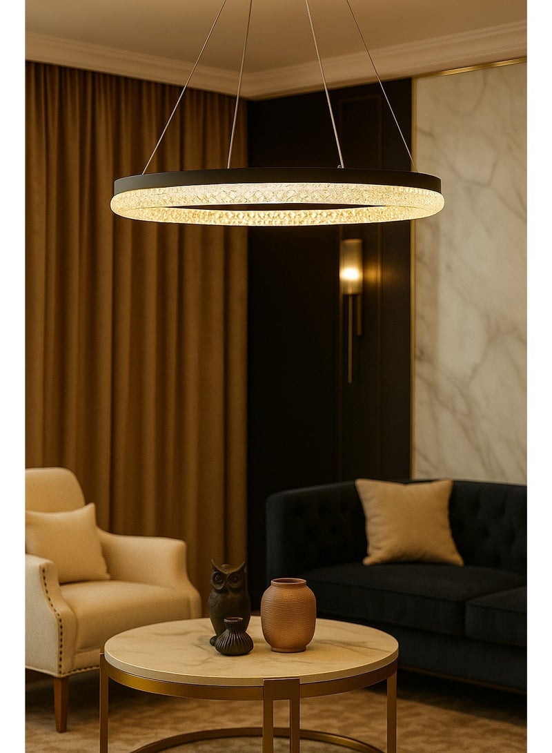 AL THURAYAT Modern and elegant LED chandelier with  design. The chandelier LED 50 cm is made of black ring with crystal edges that hang from thin wires to give the place a magical light. - Image 3