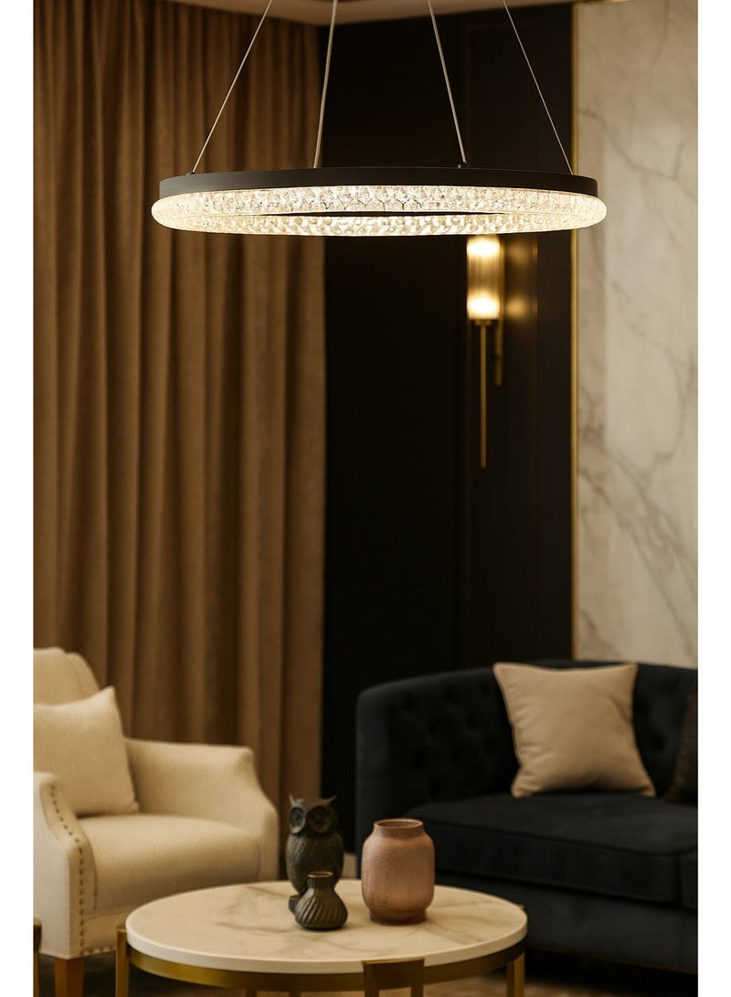 AL THURAYAT Modern and elegant LED chandelier with  design. The chandelier LED 50 cm is made of black ring with crystal edges that hang from thin wires to give the place a magical light. - Image 2