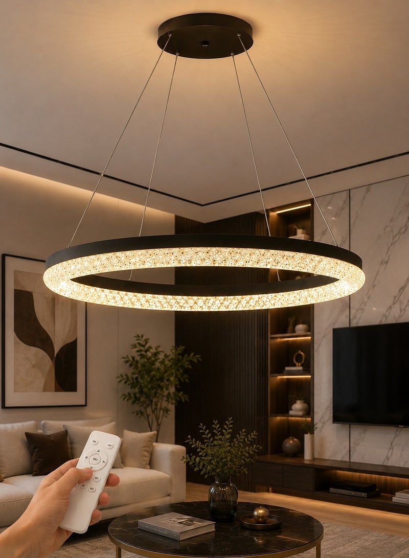 الثريات ثريا LED مودرن 50 سم مع ريموت كنترول – نجفة سقف دائرية بتصميم حلقة سوداء وكريستال فاخر، إضاءة 3 ألوان قابلة للتغيير، عصرية لغرفة المعيشة والطعام - Image 1