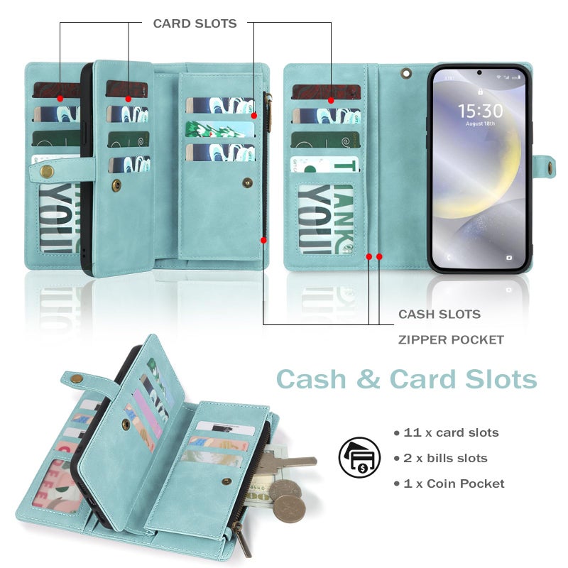 TwoHead for Samsung Galaxy S24 Wallet Case with Card Holder, Detachable Magnetic Phone Case for S24,PU Leather All-Round Protective Phone Case Wallet with Wrist Strap,Blue - Image 2