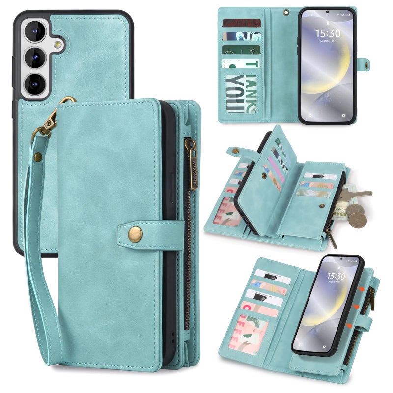 TwoHead for Samsung Galaxy S24 Wallet Case with Card Holder, Detachable Magnetic Phone Case for S24,PU Leather All-Round Protective Phone Case Wallet with Wrist Strap,Blue - Image 1